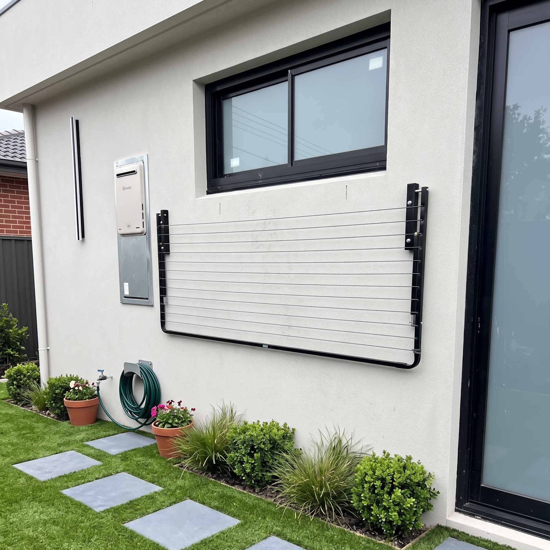wall clothesline in a modern backyard