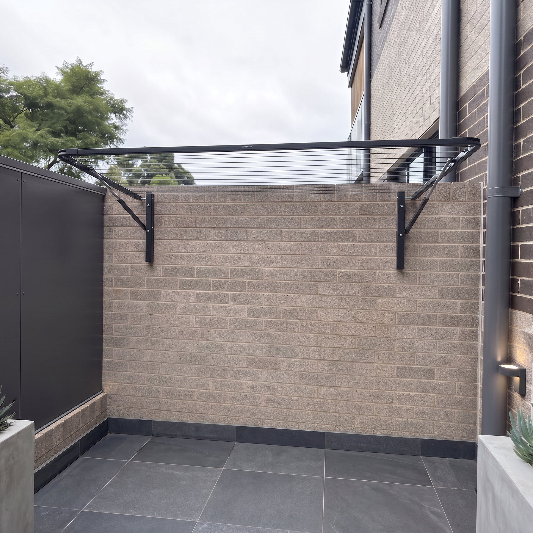 wall clothesline in a modern backyard