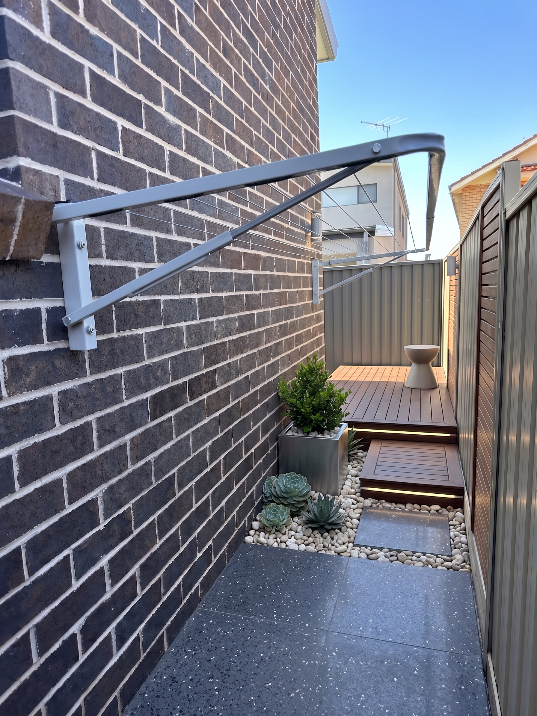 wall clothesline in a modern backyard