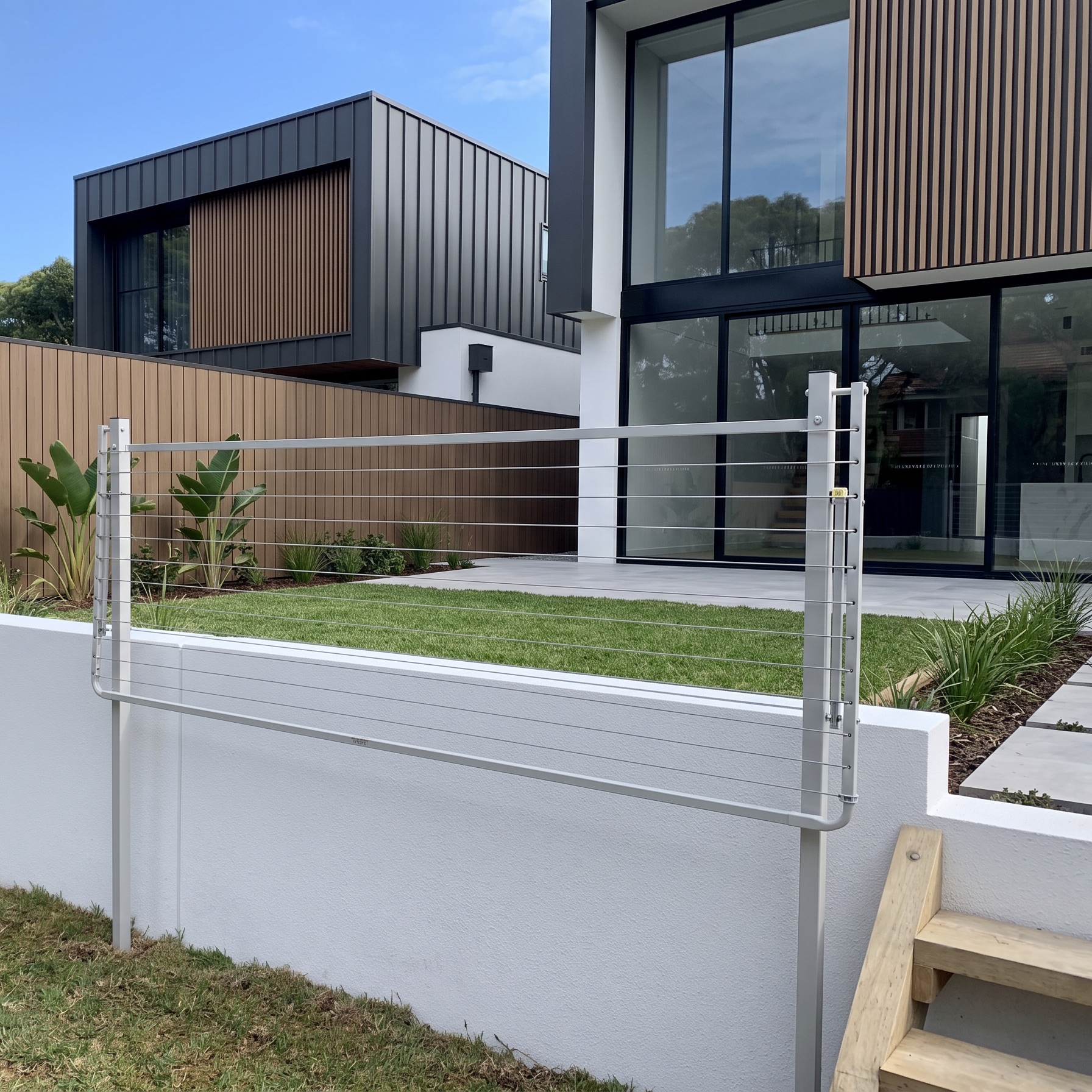 Modern house exterior with a ground mount clothesline