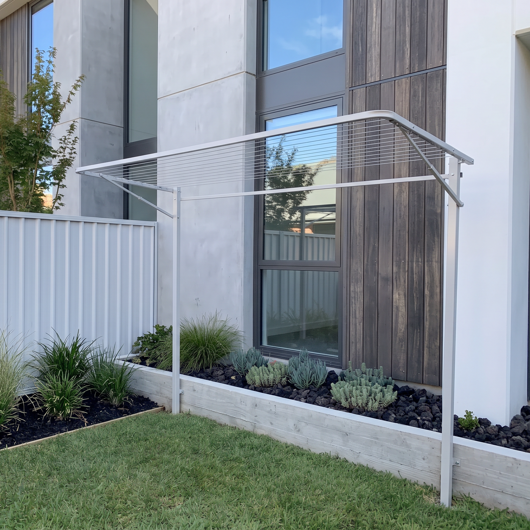 Modern house exterior with a ground mount clothesline