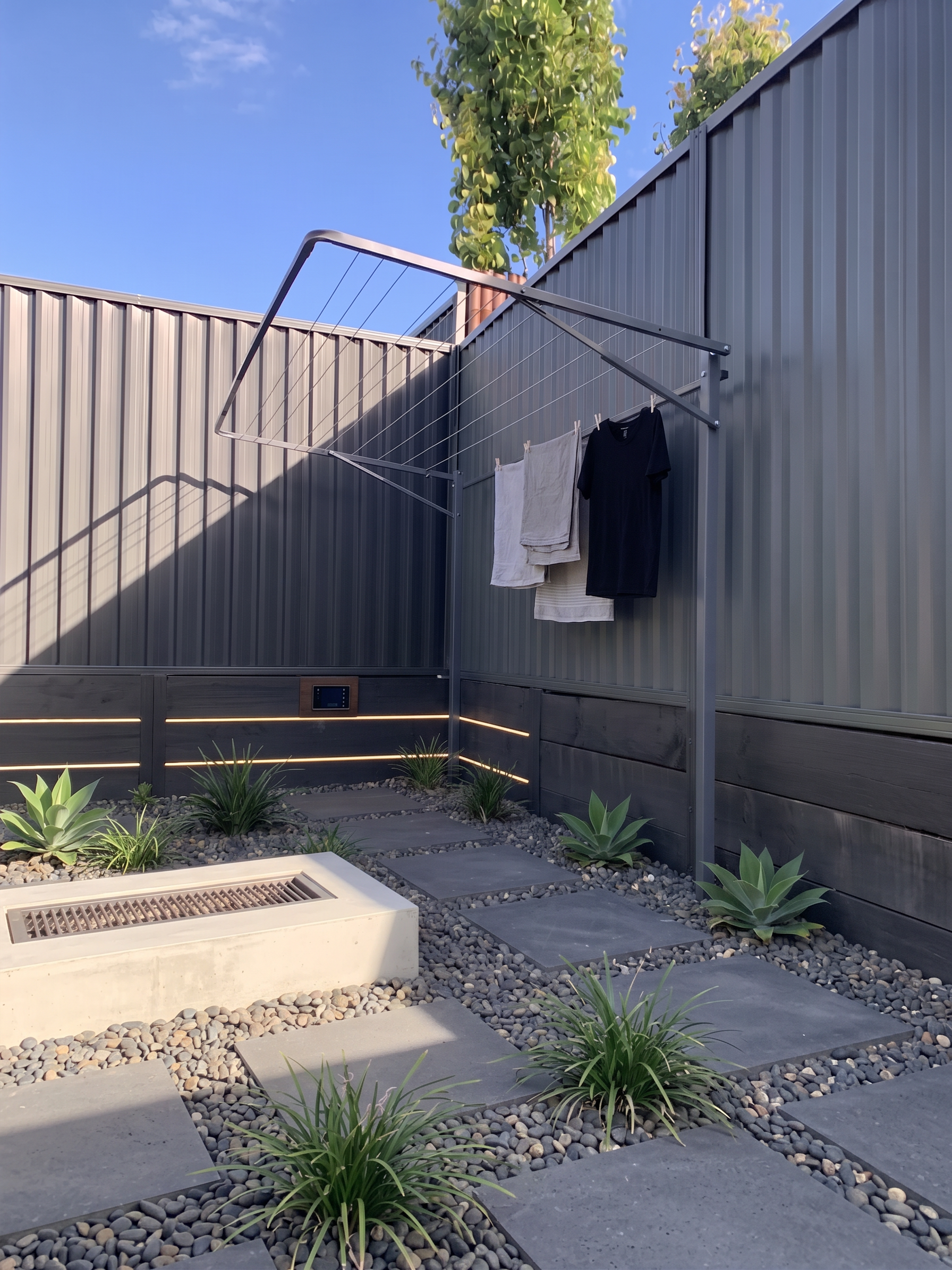 A ground mount clothesline in a modern backyard